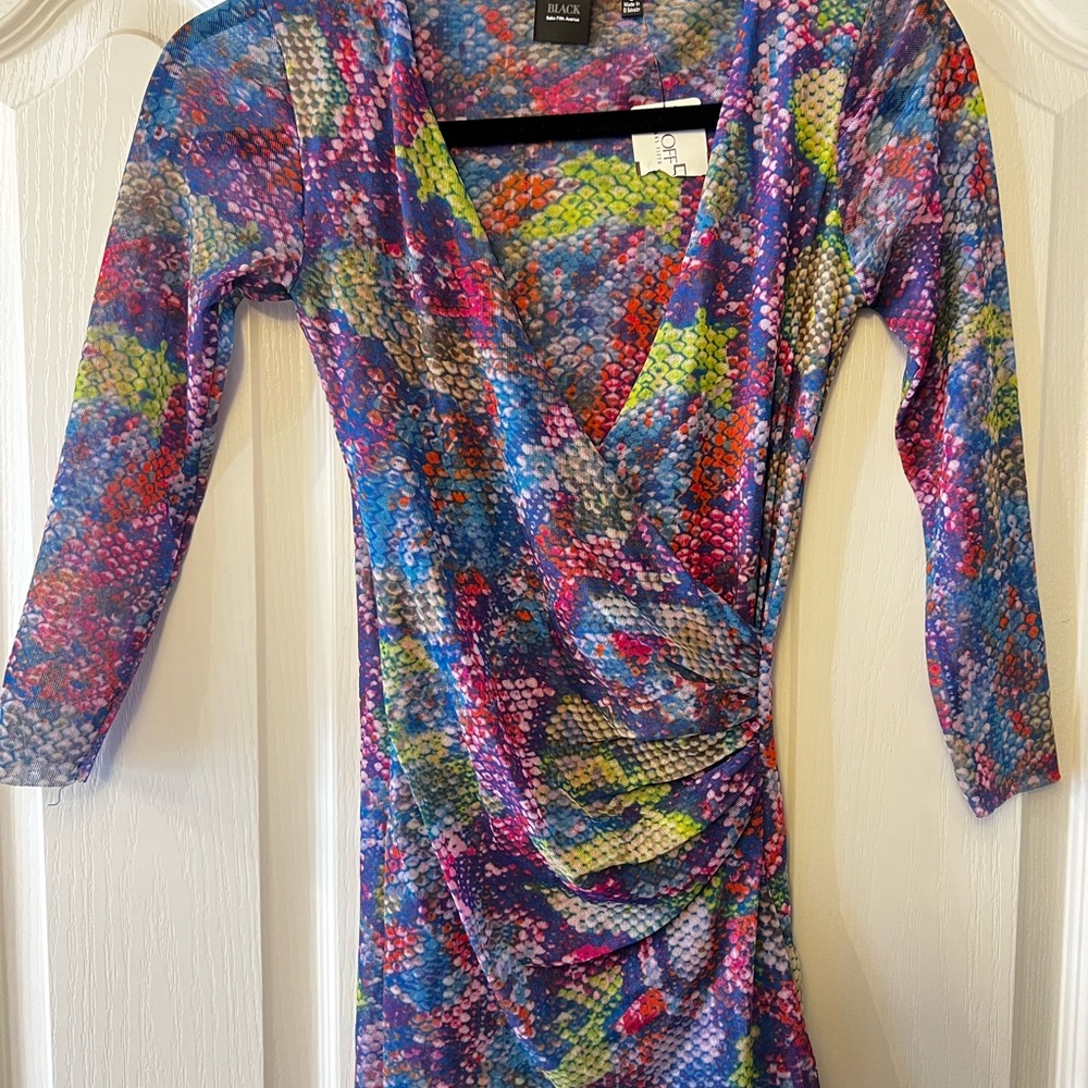 Black Saks Fifth Ave Purple & Blue 3/4 Sleeve Ruched Sheer Blouse S